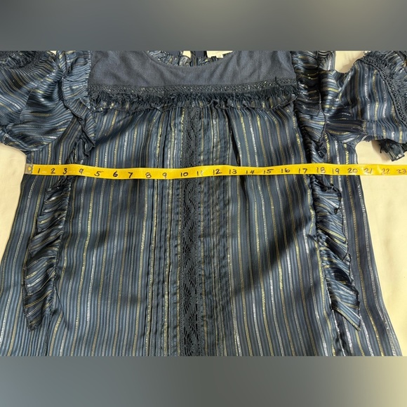 MISA LOS ANGELES Navy blue with gold stripe ruffle accent blouse size M - Picture 12 of 13
